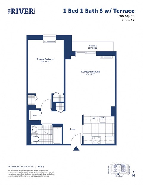 Floor plan for 1 bed, 1 bath, 755 sqft